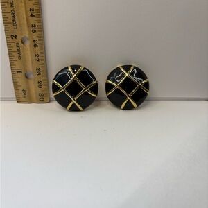 Black and Gold Round Clip on Earrings
